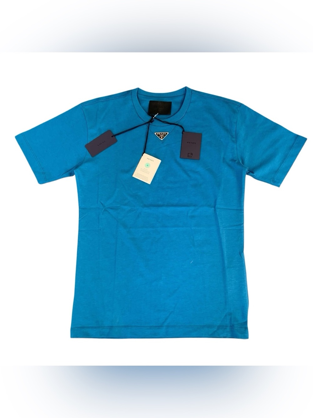 Prada Turquoise Blue Crew Neck T-Shirt with Triangle Logo